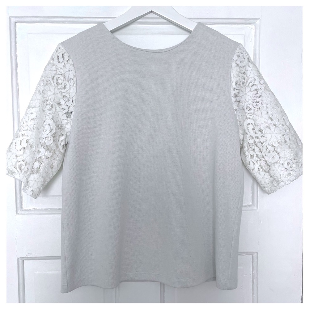 Grey body / white lace sleeve top